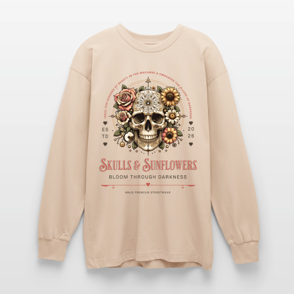 Skulls & Sunflowers Design – Oversized Langarmshirt - Sand