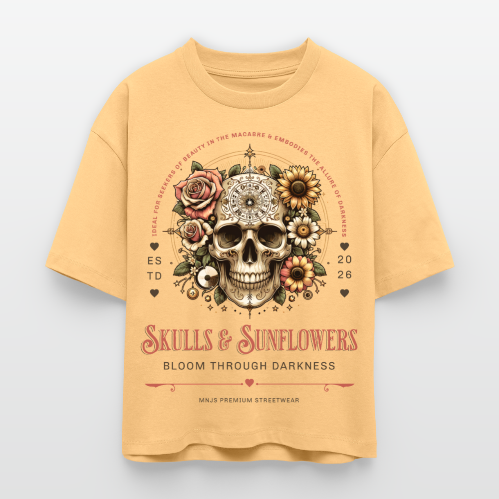 Skull & Sunflowers Design – Frauen Boxy Bio-T-Shirt - Mispel