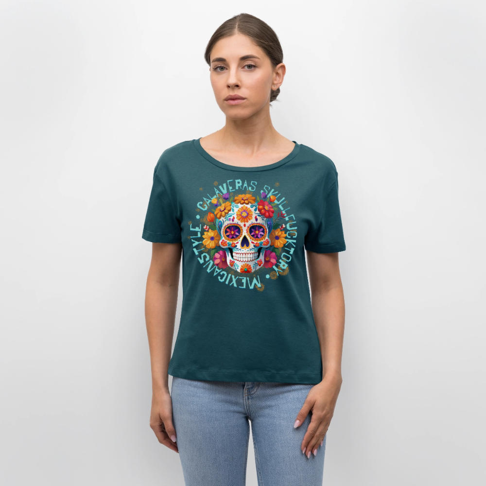 Sugar Skull Blumen Design – Relaxed Rundhals Frauen Bio-T-Shirt - Dunkles Petrol