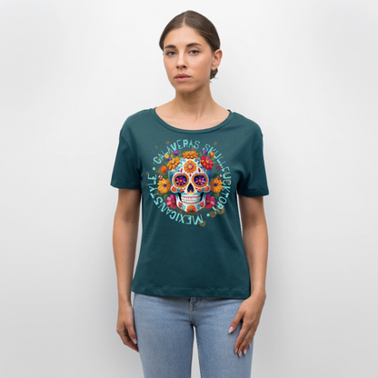 Sugar Skull Blumen Design – Relaxed Rundhals Frauen Bio-T-Shirt - Dunkles Petrol