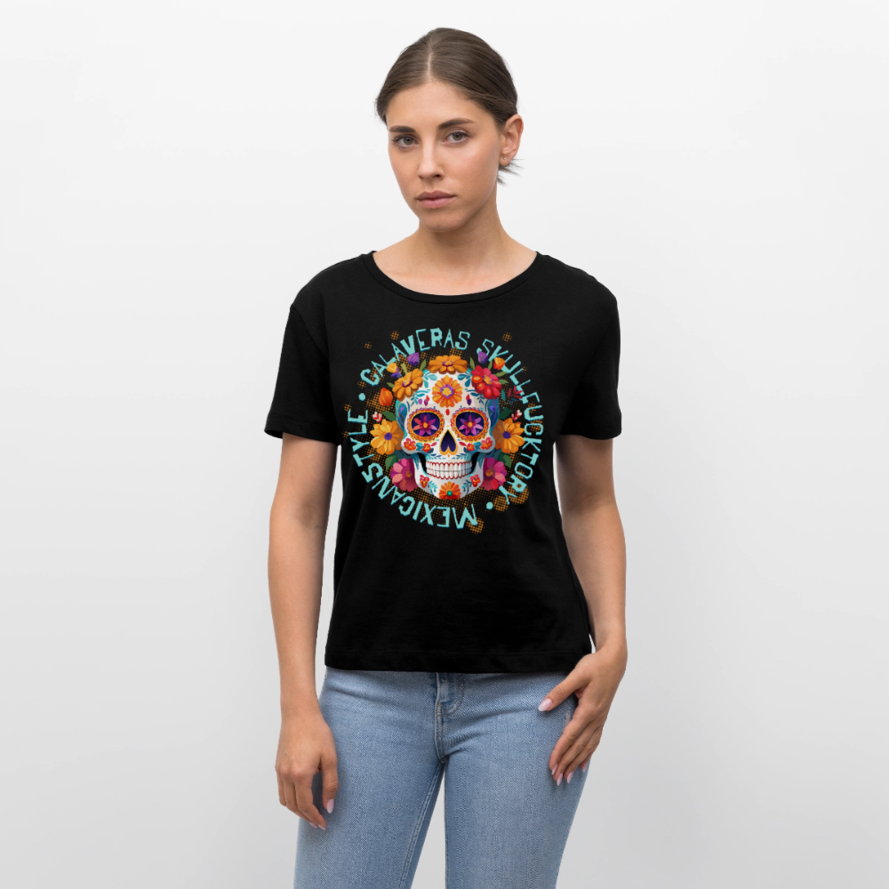 Sugar Skull Blumen Design – Relaxed Rundhals Frauen Bio-T-Shirt - Schwarz