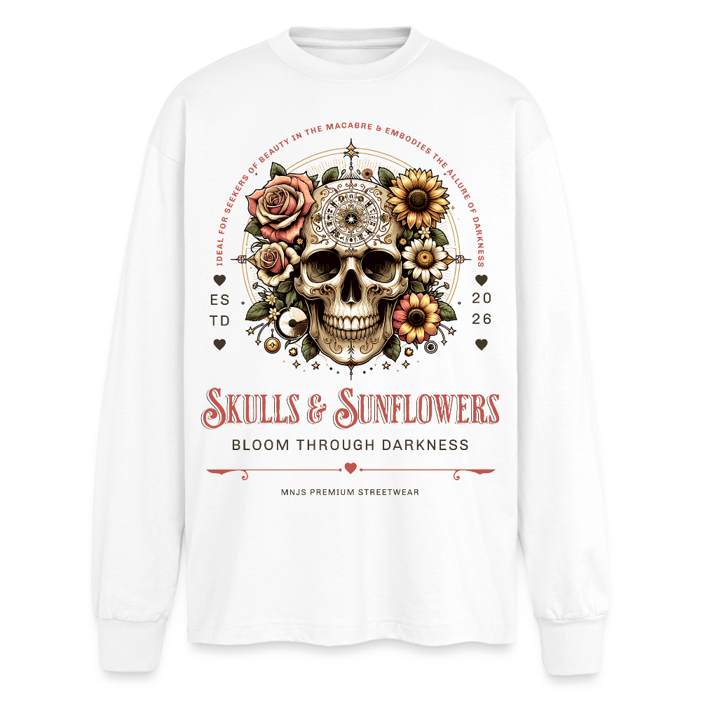 Skulls & Sunflowers Design – Oversized Langarmshirt - Weiß