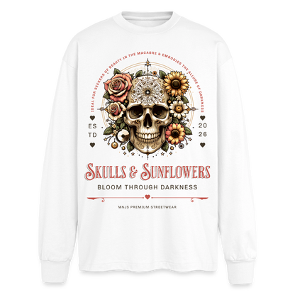 Skulls & Sunflowers Design – Oversized Langarmshirt - Weiß