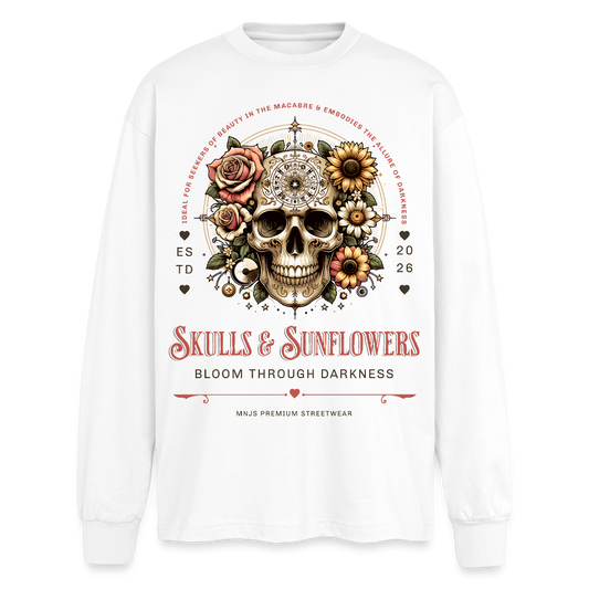 Skulls & Sunflowers Design – Oversized Langarmshirt - Weiß