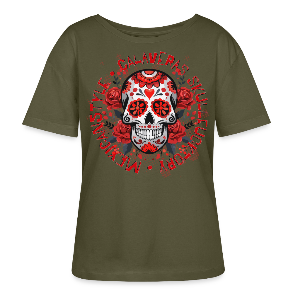 Sugar Skull Rosen Design - Rundhals Frauen Bio-T-Shirt - Khaki