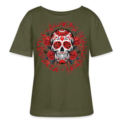 Sugar Skull Rosen Design - Rundhals Frauen Bio-T-Shirt - Khaki