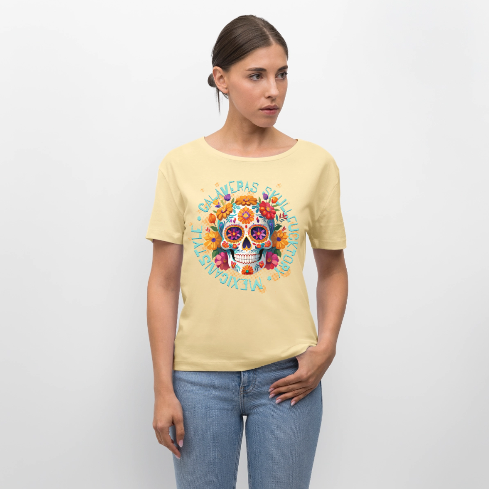 Sugar Skull Blumen Design – Relaxed Rundhals Frauen Bio-T-Shirt - Creme