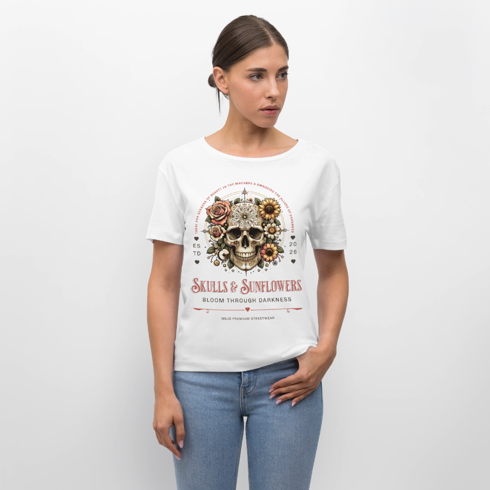 Skull & Sunflowers Design – Rundhals Frauen Bio-T-Shirt - Weiß