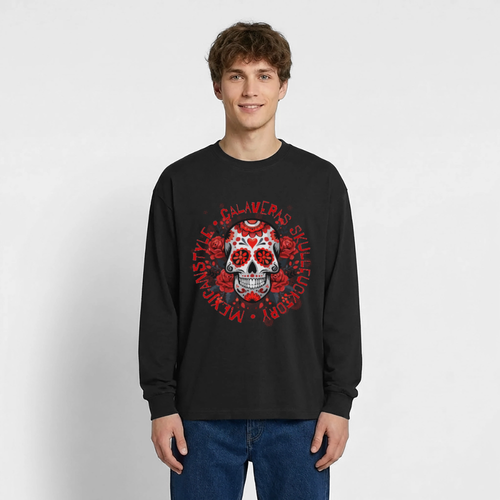 Sugar Skull Rosen Design - Oversized Langarmshirt - Schwarz