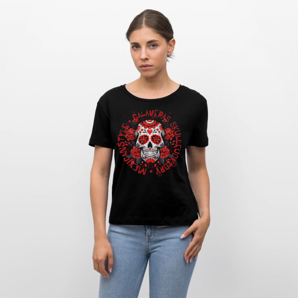 Sugar Skull Rosen Design - Rundhals Frauen Bio-T-Shirt - Schwarz