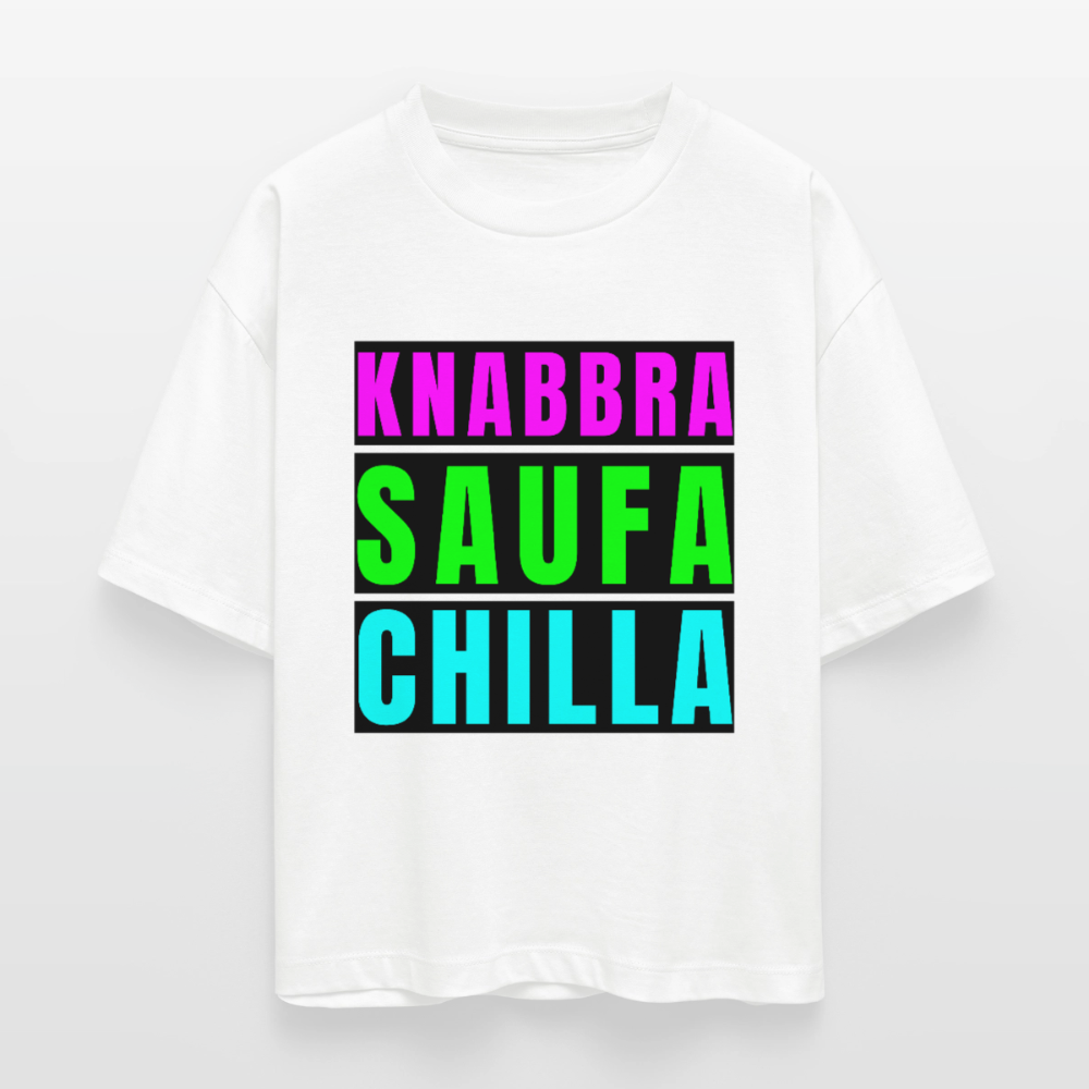 Knabbra Saufa Chilla Design – Frauen Boxy Bio-T-Shirt - Weiß
