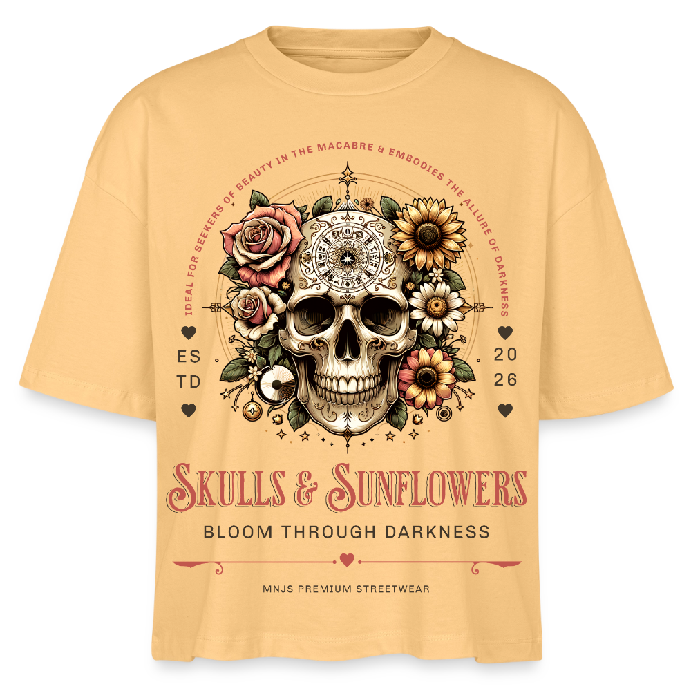 Skull & Sunflowers Design – Frauen Boxy Bio-T-Shirt - Mispel