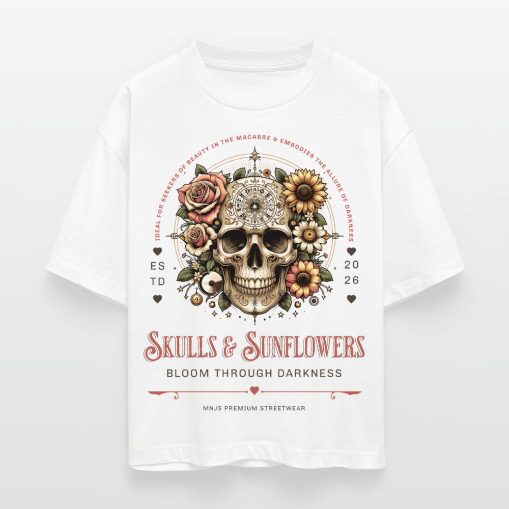 Skull & Sunflowers Design – Frauen Boxy Bio-T-Shirt - Weiß