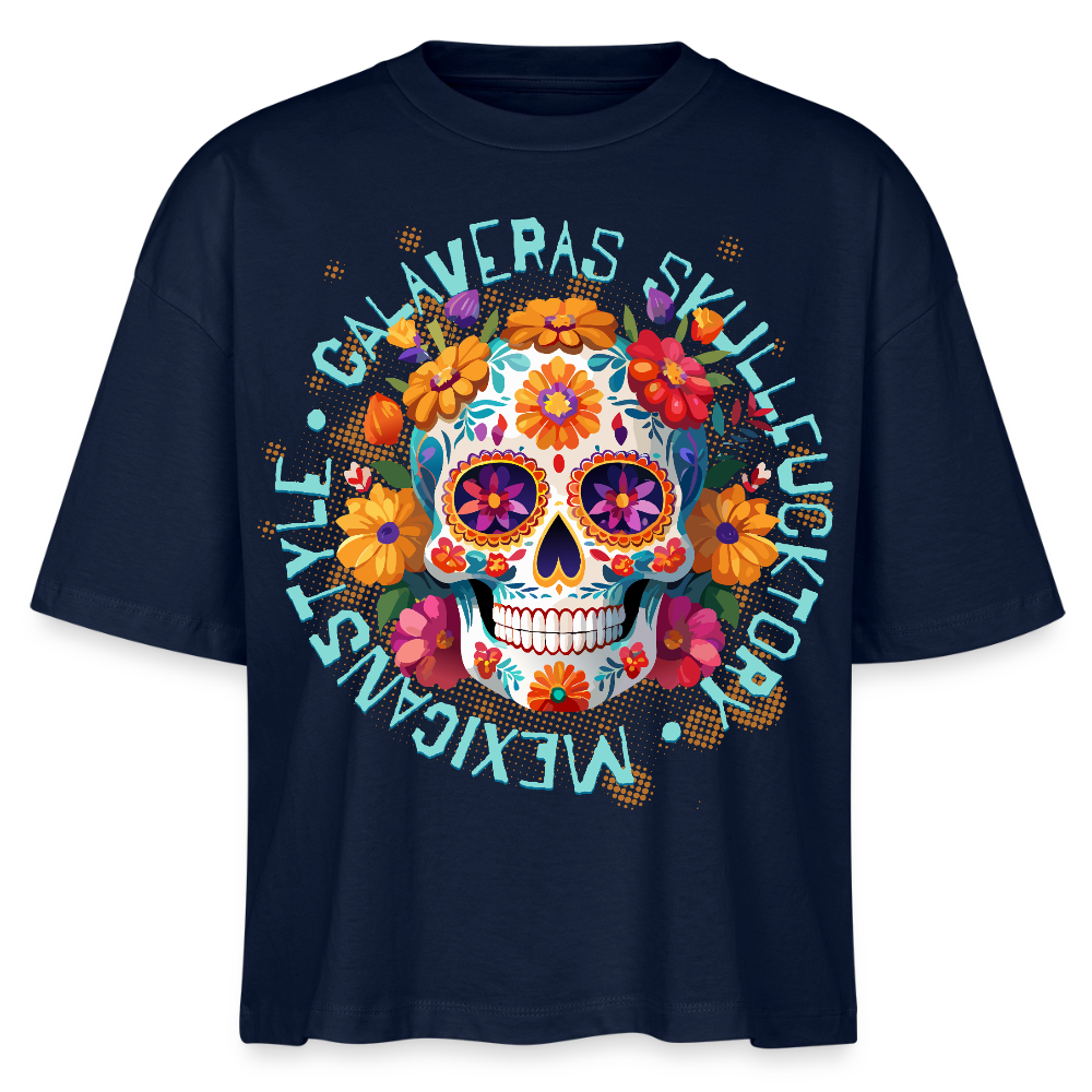 Sugar Skull Blumen Design - Frauen Boxy Bio-T-Shirt - Navy