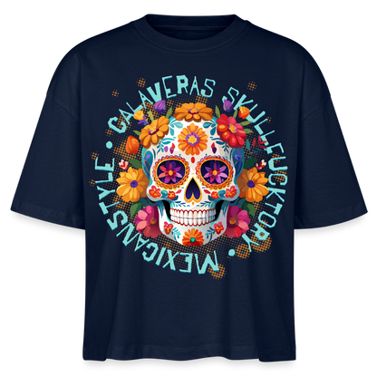 Sugar Skull Blumen Design - Frauen Boxy Bio-T-Shirt - Navy
