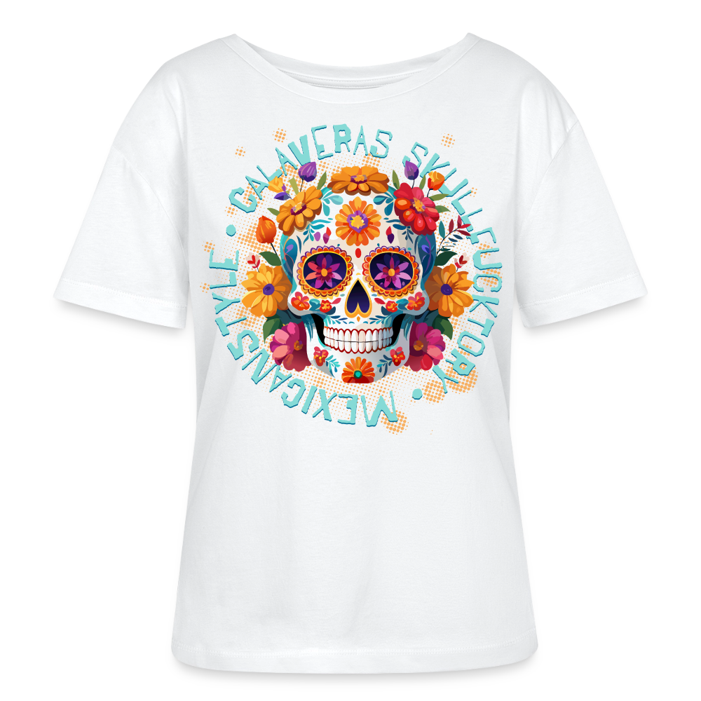 Sugar Skull Blumen Design – Relaxed Rundhals Frauen Bio-T-Shirt - Weiß