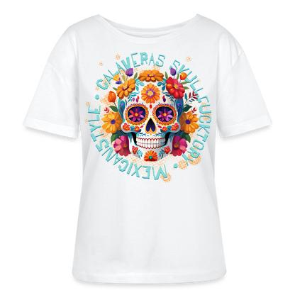 Sugar Skull Blumen Design – Relaxed Rundhals Frauen Bio-T-Shirt - Weiß
