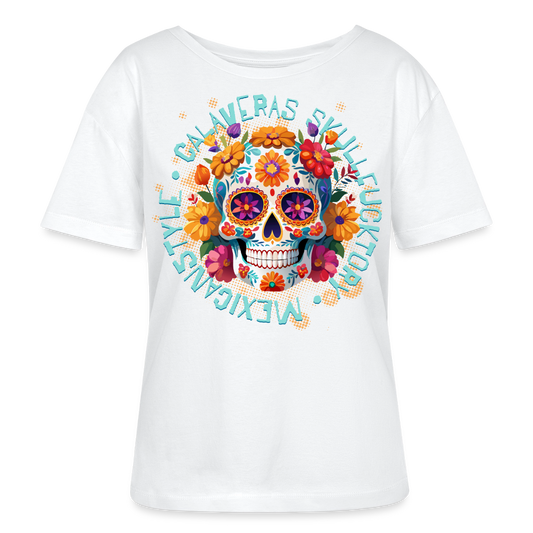 Sugar Skull Blumen Design – Relaxed Rundhals Frauen Bio-T-Shirt - Weiß