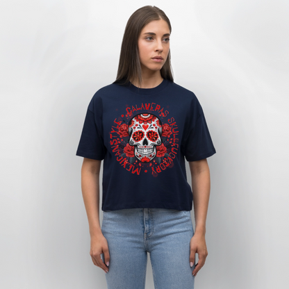 Sugar Skull Rosen Design - Frauen Boxy Bio-T-Shirt - Navy
