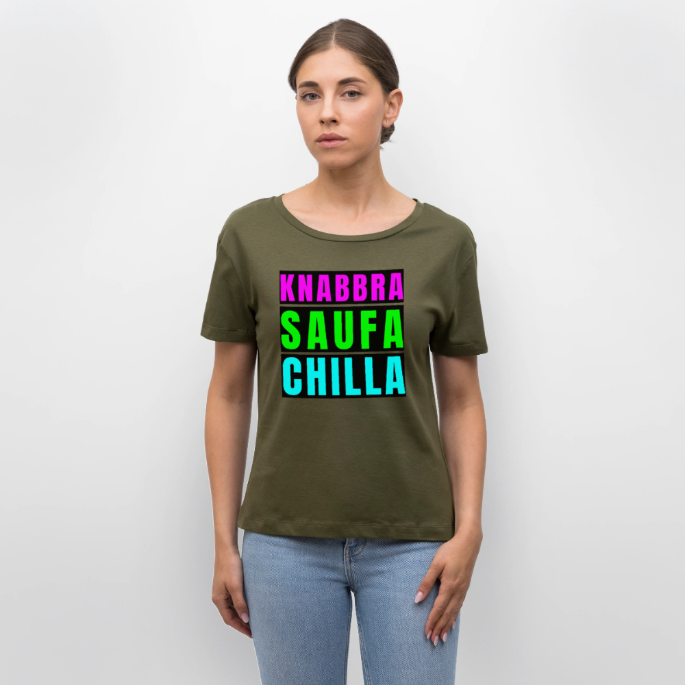 Knabbra Saufa Chilla Design – Rundhals Frauen Bio-T-Shirt - Khaki