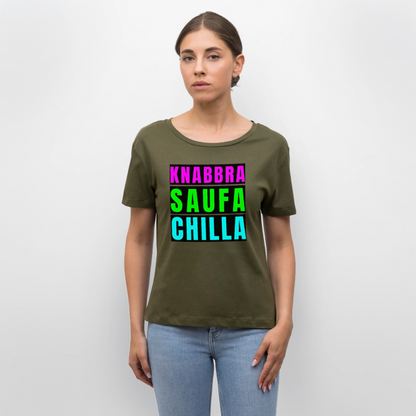 Knabbra Saufa Chilla Design – Rundhals Frauen Bio-T-Shirt - Khaki