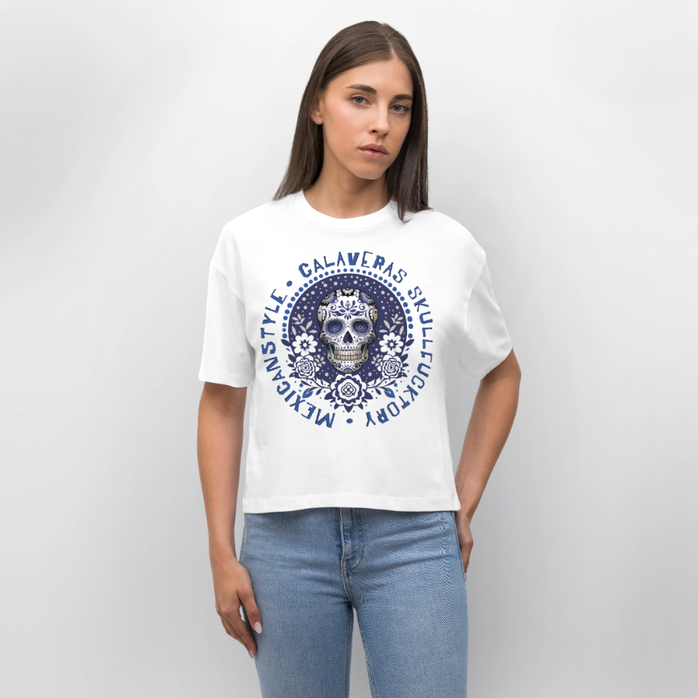 Sugar Skull Blau Design – Frauen Boxy Bio-T-Shirt - Weiß