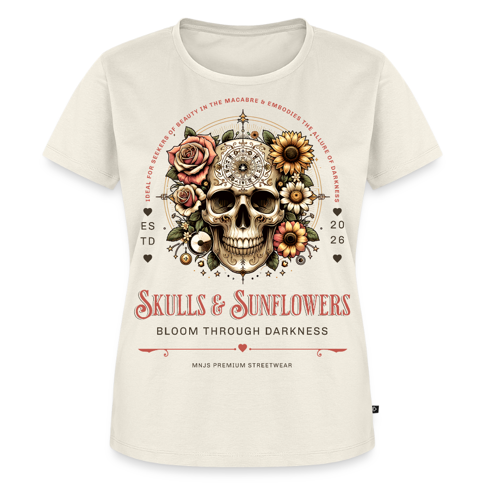 Skull & Sunflowers Design – Frauen Premium T-Shirt - Naturweiß