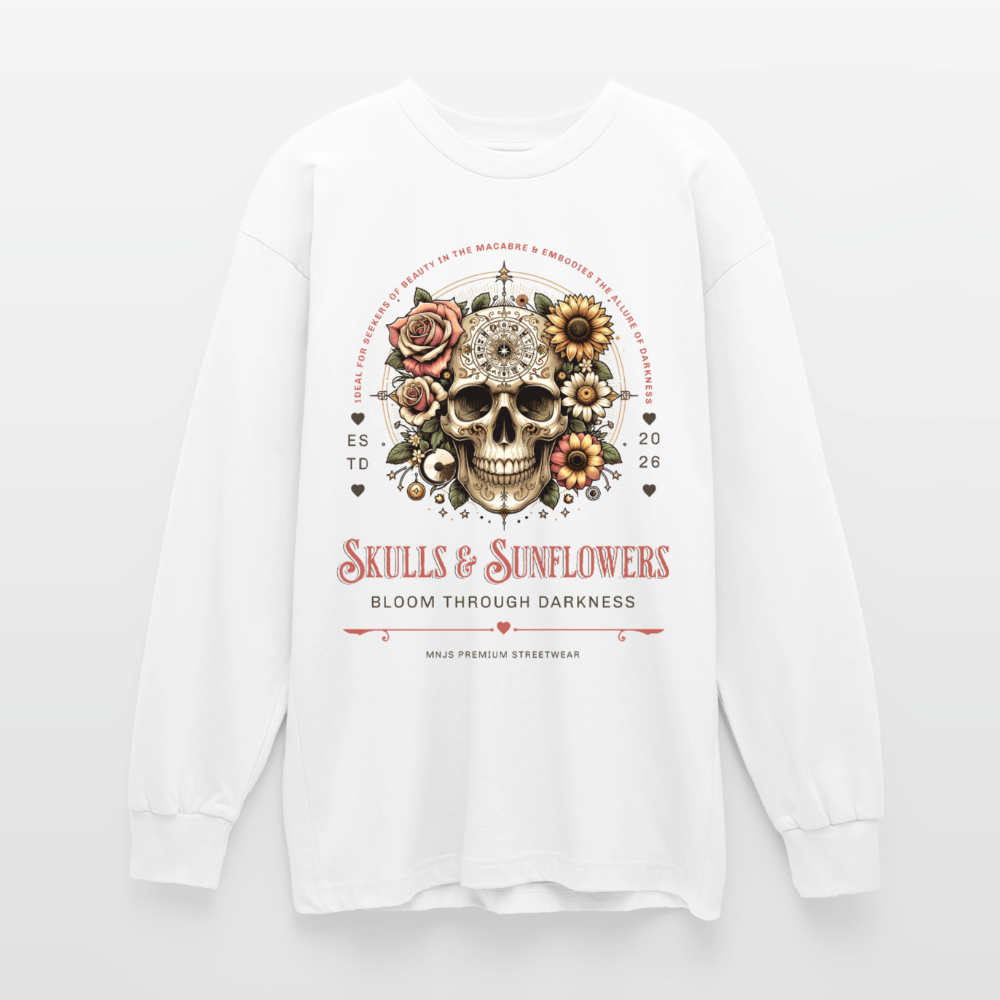 Skulls & Sunflowers Design – Oversized Langarmshirt - Weiß