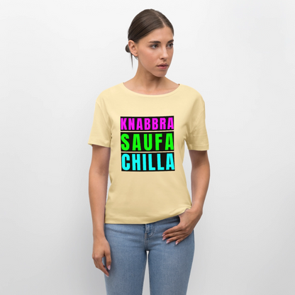 Knabbra Saufa Chilla Design – Rundhals Frauen Bio-T-Shirt - Creme