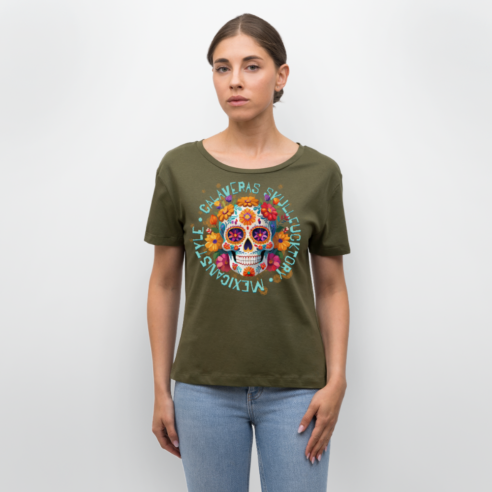 Sugar Skull Blumen Design – Relaxed Rundhals Frauen Bio-T-Shirt - Khaki