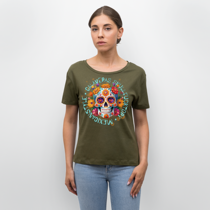 Sugar Skull Blumen Design – Relaxed Rundhals Frauen Bio-T-Shirt - Khaki