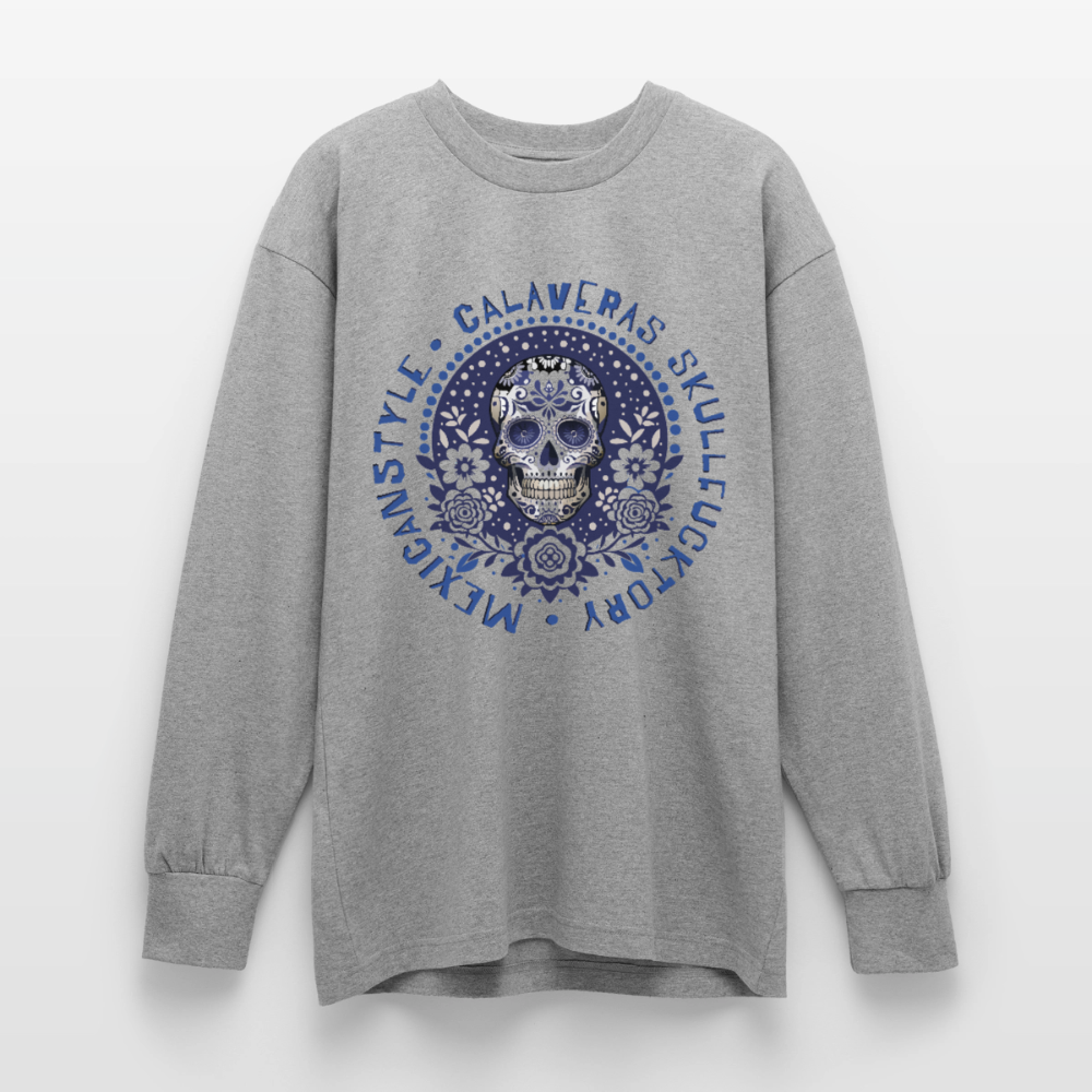 Sugar Skull Blau Design – Oversized Langarmshirt - Grau meliert