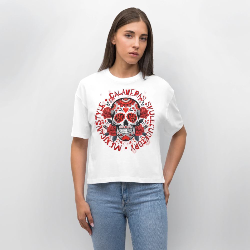 Sugar Skull Rosen Design - Frauen Boxy Bio-T-Shirt - Weiß