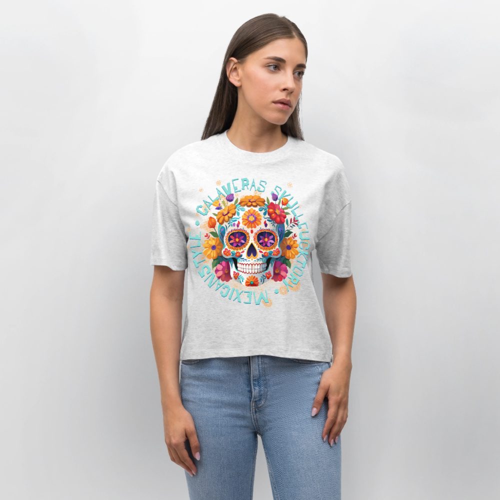 Sugar Skull Blumen Design - Frauen Boxy Bio-T-Shirt - Weiß meliert