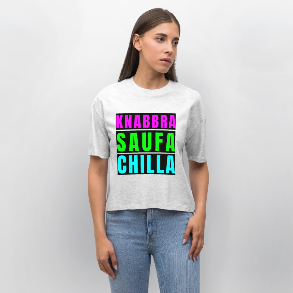 Knabbra Saufa Chilla Design – Frauen Boxy Bio-T-Shirt - Weiß meliert
