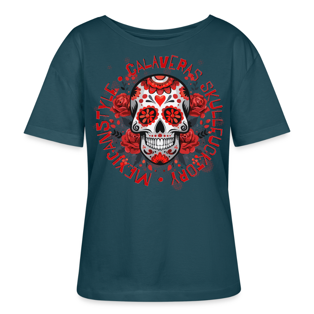 Sugar Skull Rosen Design - Rundhals Frauen Bio-T-Shirt - Dunkles Petrol