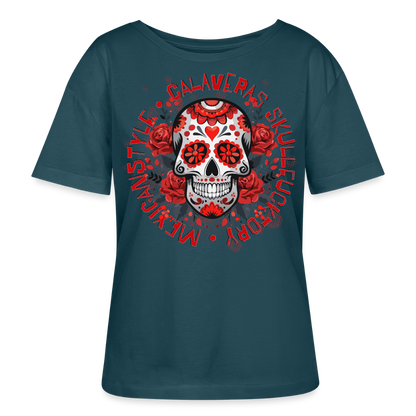 Sugar Skull Rosen Design - Rundhals Frauen Bio-T-Shirt - Dunkles Petrol