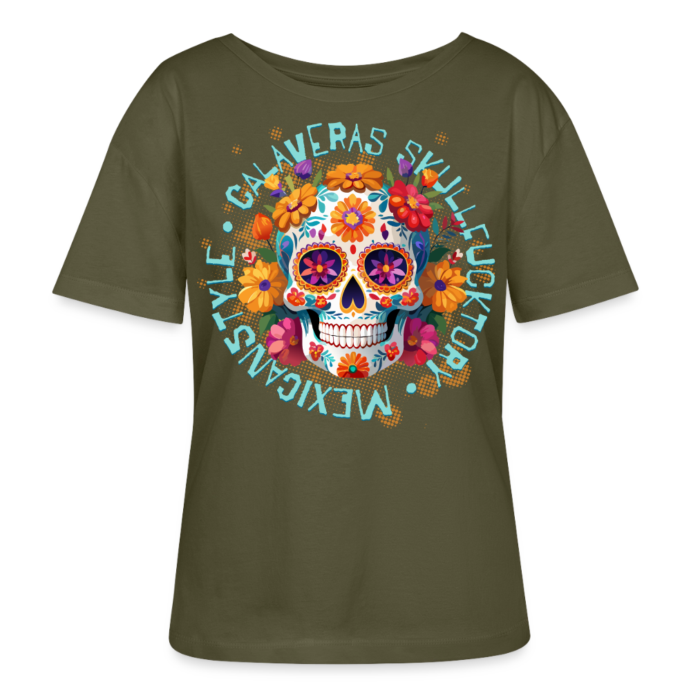 Sugar Skull Blumen Design – Relaxed Rundhals Frauen Bio-T-Shirt - Khaki
