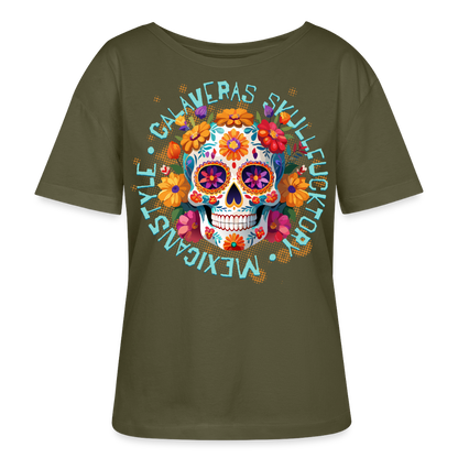 Sugar Skull Blumen Design – Relaxed Rundhals Frauen Bio-T-Shirt - Khaki