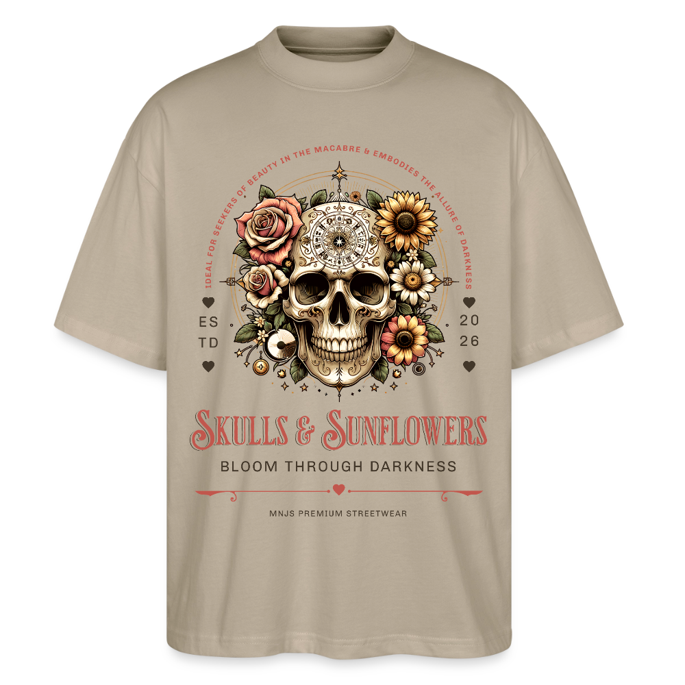Skulls & Sunflowers Design – Oversized Unisex Bio T-Shirt - Steingrau