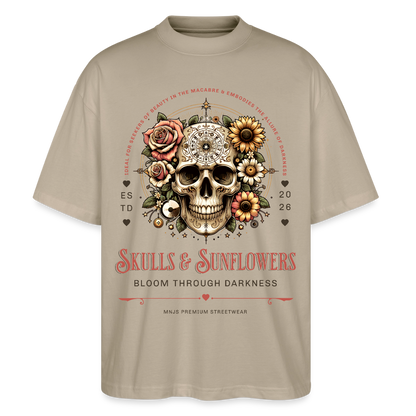 Skulls & Sunflowers Design – Oversized Unisex Bio T-Shirt - Steingrau