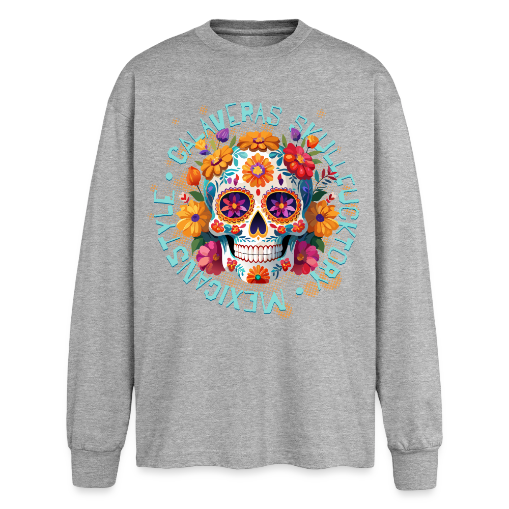 Sugar Skull Blumen Design - Oversized Langarmshirt - Grau meliert