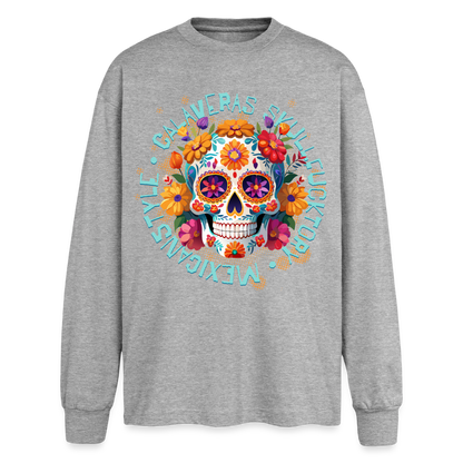 Sugar Skull Blumen Design - Oversized Langarmshirt - Grau meliert
