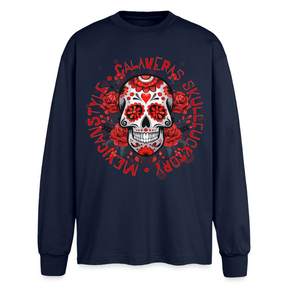 Sugar Skull Rosen Design - Oversized Langarmshirt - Navy