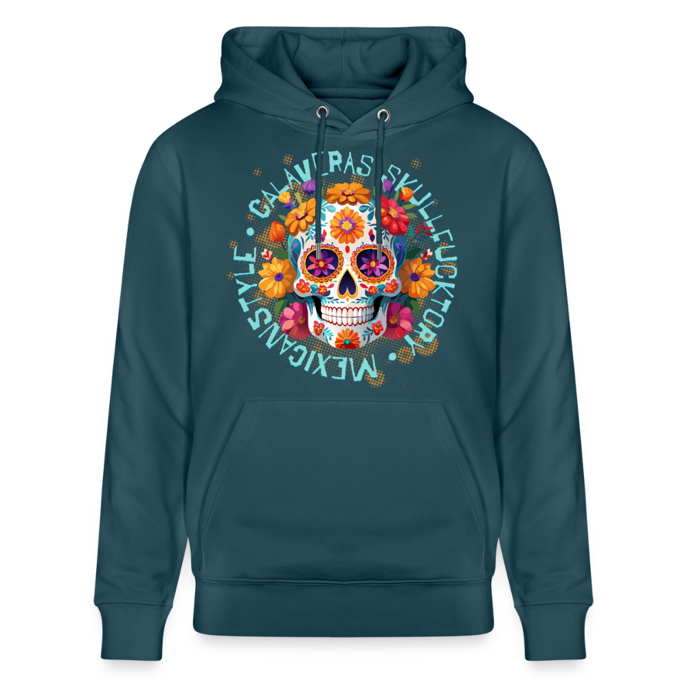 Sugar Skull Blumen Design – Unisex Bio-Hoodie - Dunkles Petrol