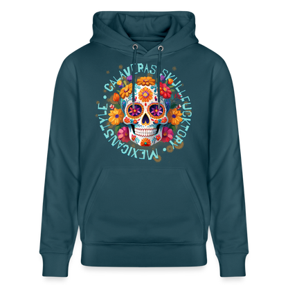 Sugar Skull Blumen Design – Unisex Bio-Hoodie - Dunkles Petrol