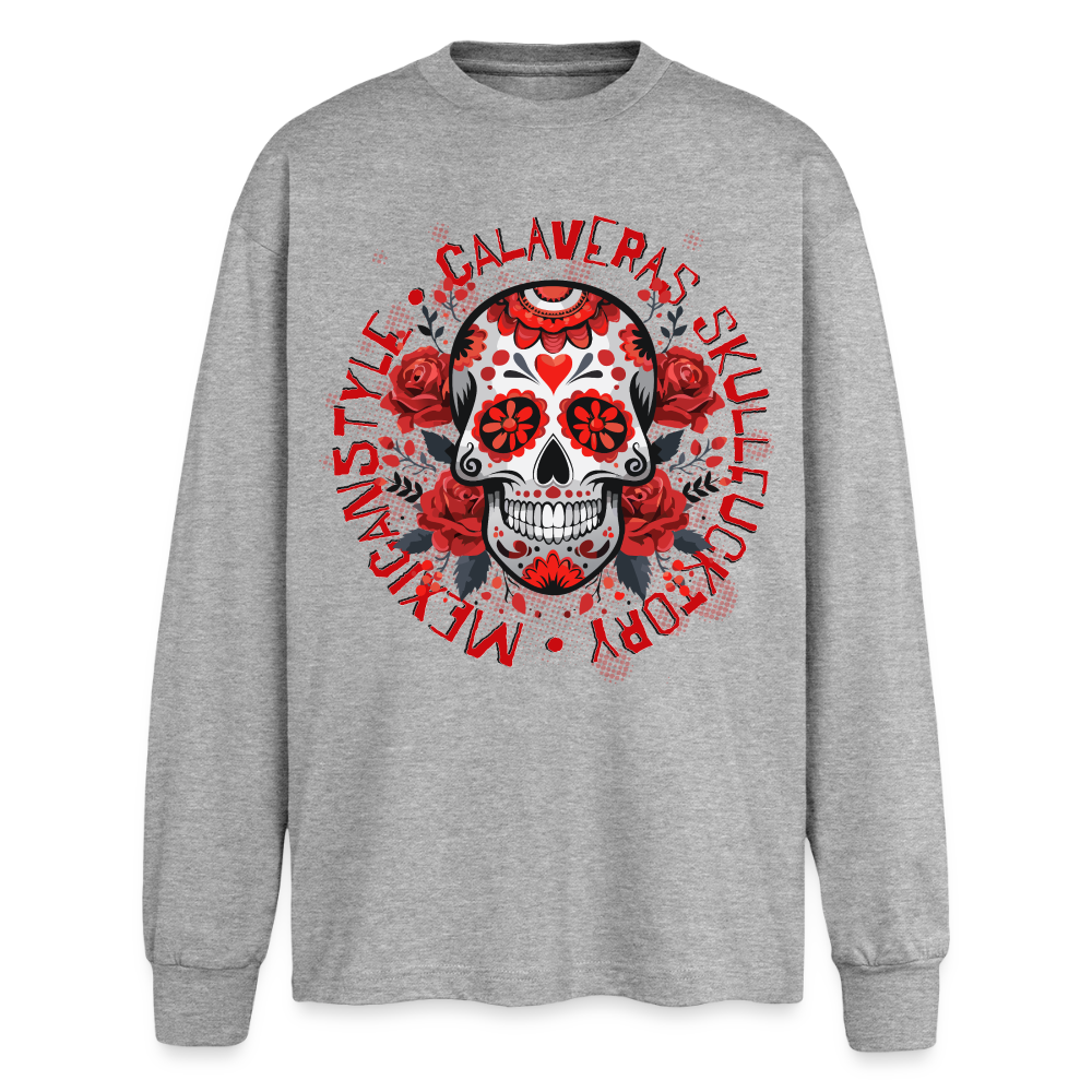 Sugar Skull Rosen Design - Oversized Langarmshirt - Grau meliert
