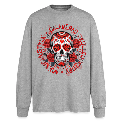 Sugar Skull Rosen Design - Oversized Langarmshirt - Grau meliert