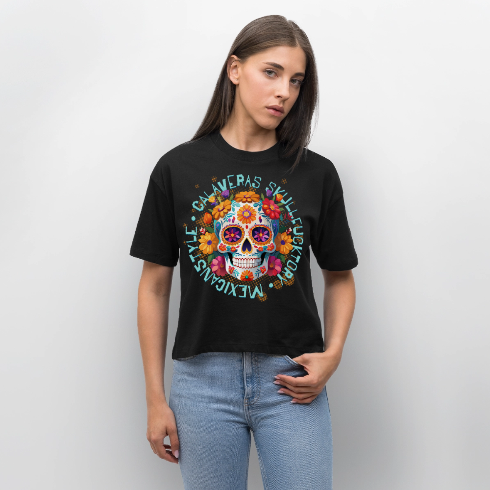 Sugar Skull Blumen Design - Frauen Boxy Bio-T-Shirt - Schwarz