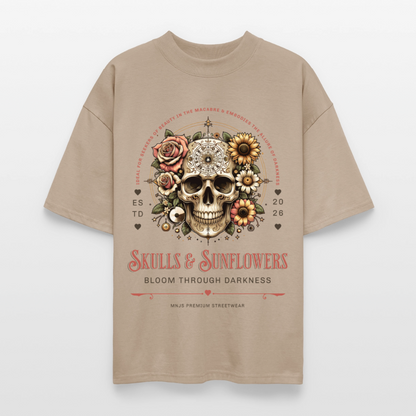 Skulls & Sunflowers Design – Oversized Unisex Bio T-Shirt - Steingrau